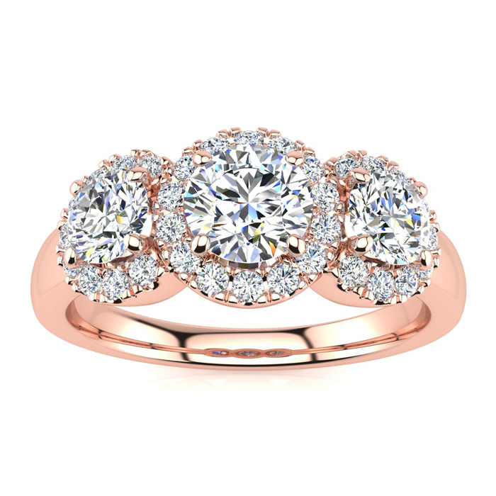 1 Carat Round Shape Halo Diamond Three Stone Ring in 14K Rose Gold (5.20 g), G-H Color, Size 4 by SuperJeweler