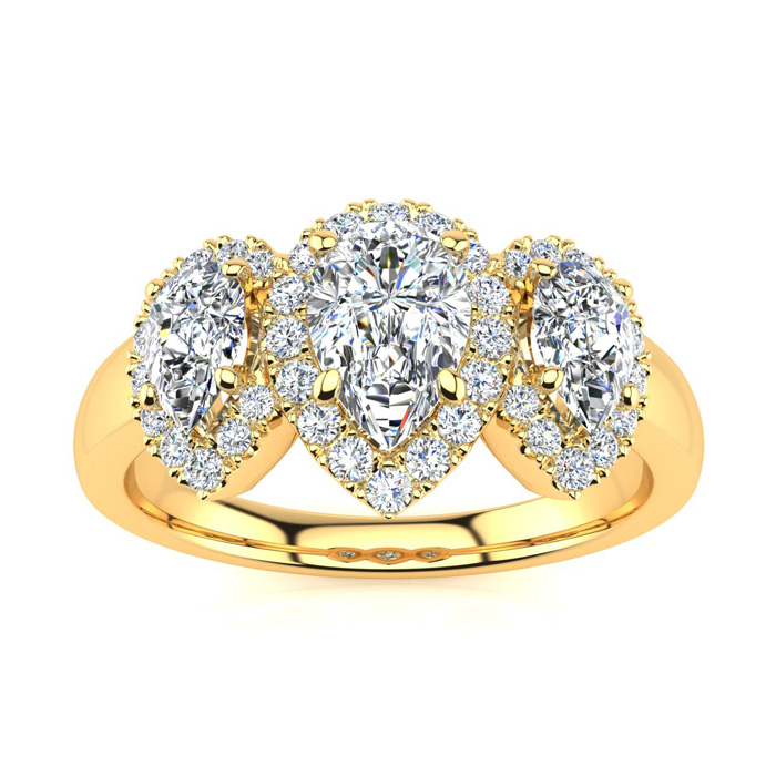 1 Carat Pear Shape Halo Diamond Three Stone Ring in 14K Yellow Gold (5.30 g), G-H Color, Size 4 by SuperJeweler