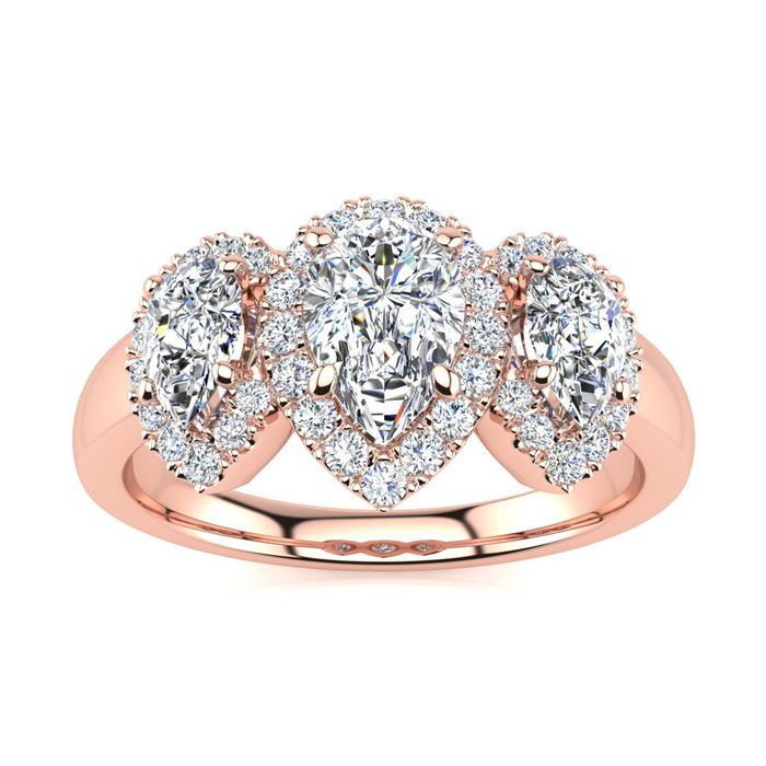 1 Carat Pear Shape Halo Diamond Three Stone Ring in 14K Rose Gold (5.30 g), G-H Color, Size 4 by SuperJeweler