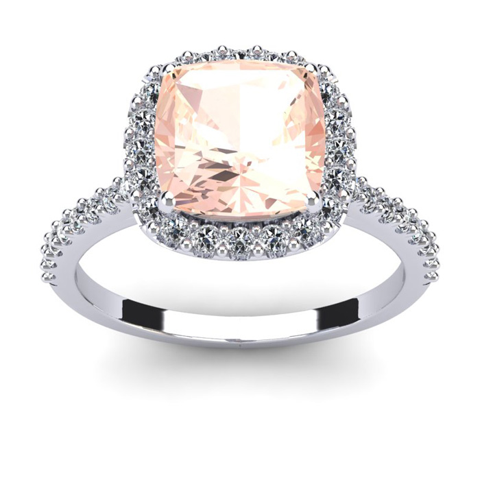 3 1/2 Carat Cushion Cut Morganite & Halo 38 Diamond Ring in 14K White Gold (4.5 g), SIZE 4.5,  by SuperJeweler