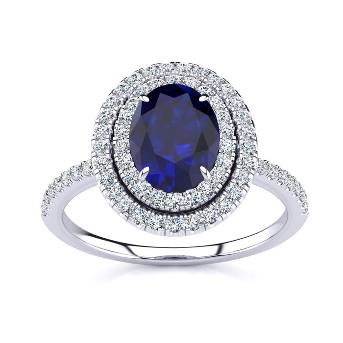 2 Carat Oval Shape Sapphire & Double Halo 70 Diamond Ring in 14K White Gold (4.2 g), Size 5.5,  by SuperJeweler