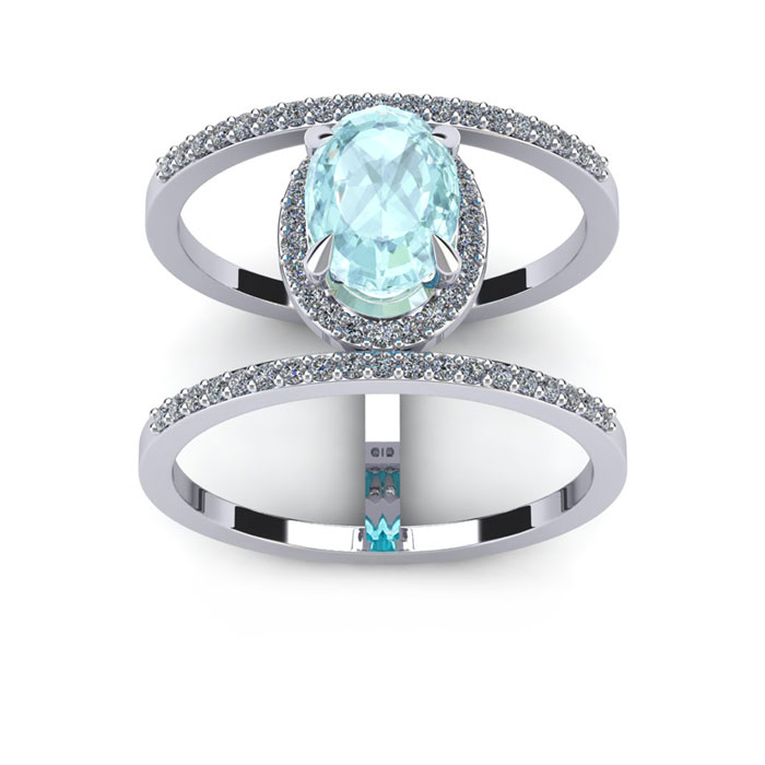 1.5 Carat Oval Shape Aquamarine & Halo Diamond Spacer Ring in 14K White Gold (4.2 g), Size 9,  by SuperJeweler