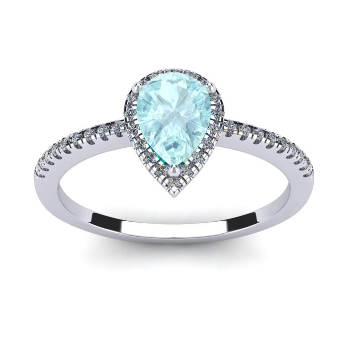 3/4 Carat Pear Shape Aquamarine & Halo 36 Diamond Ring in 14K White Gold (2.6 g), Size 6,  by SuperJeweler