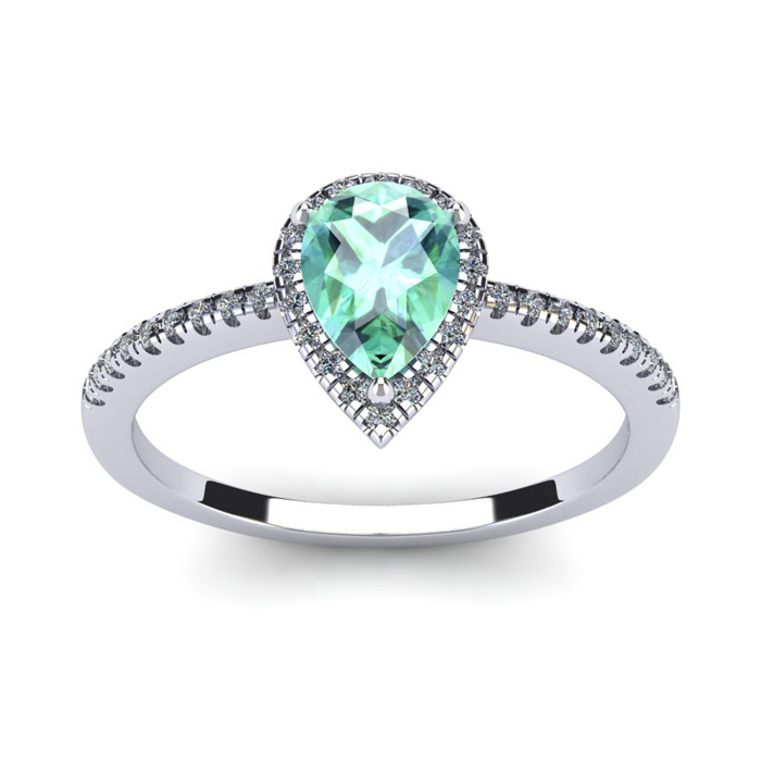 3/4 Carat Pear Shape Green Amethyst & Halo 36 Diamond Ring in 14K White Gold (2.6 g), Size 6,  by SuperJeweler