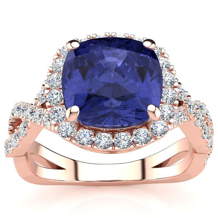 3 Carat Cushion Cut Tanzanite & Halo 54 Diamond Ring w/ Fancy Band in 14K Rose Gold (4 g), Size 7,  by SuperJeweler