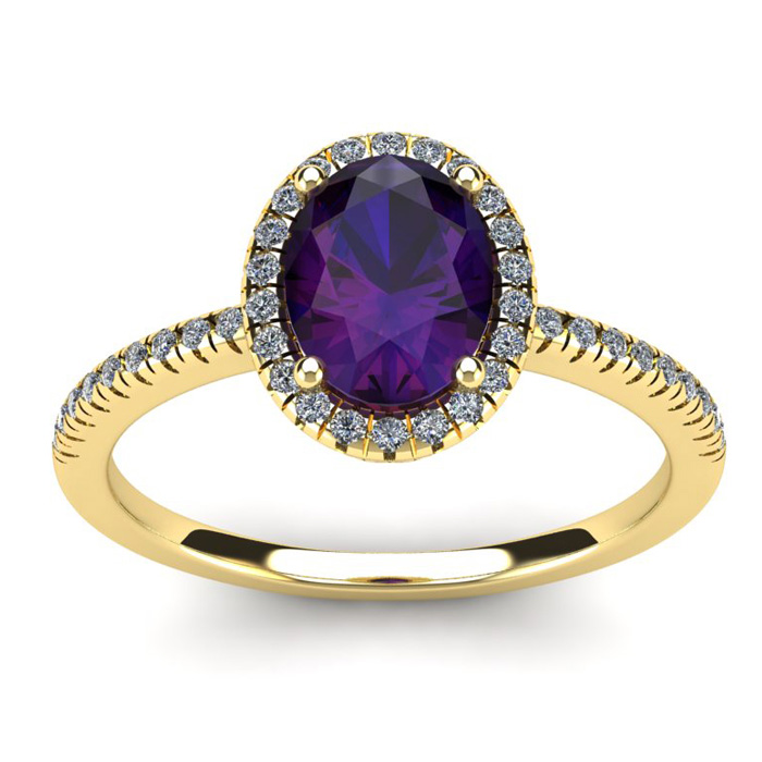 1.25 Carat Oval Shape Amethyst & Halo 40 Diamond Ring in 14K Yellow Gold (2.9 g), Size 6.5,  by SuperJeweler