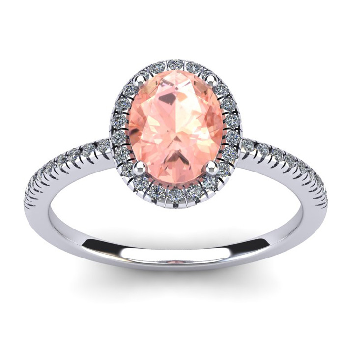 1 1/3 Carat Oval Shape Morganite & Halo 40 Diamond Ring in 14K White Gold (2.9 g), Size 5,  by SuperJeweler