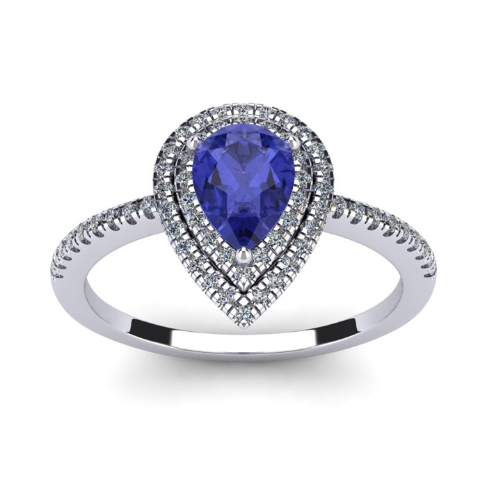 1 Carat Pear Shape Tanzanite & Double Halo 62 Diamond Ring in 14K White Gold (3.2 g), Size 7.5,  by SuperJeweler