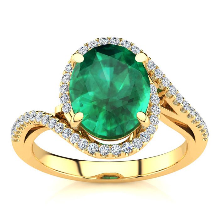 2.5 Carat Oval Shape Emerald Cut & Halo 50 Diamond Ring in 14K Yellow Gold (4.7 g), Size 6.5,  by SuperJeweler