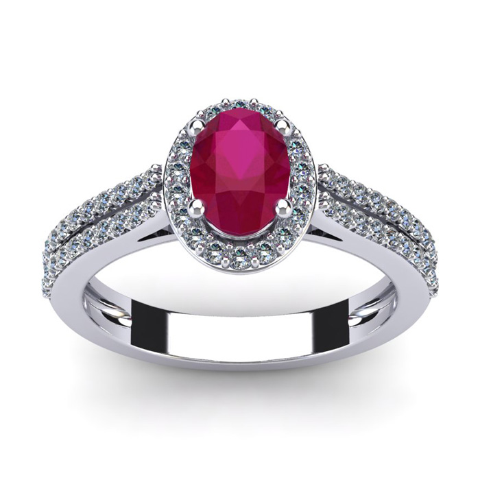 1 1/3 Carat Oval Shape Ruby & Halo 54 Diamond Ring in 14K White Gold (3.3 g), Size 7,  by SuperJeweler