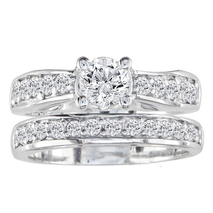 1.5 Carat Round Diamond Bridal Ring Set in 14k White Gold (7.9 g)