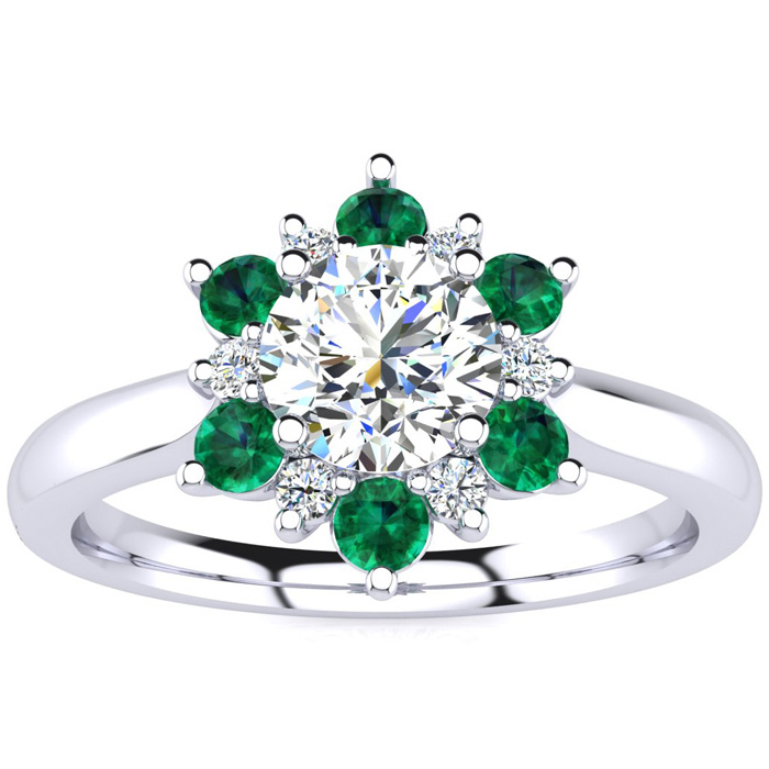 1.5 Carat Round Shape Flower Halo Emerald Cut & Diamond Engagement Ring in 14K White Gold (4 g) (  SI2-I1)  Size 6 by SuperJeweler