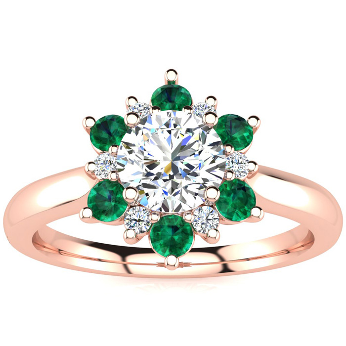 1.5 Carat Round Shape Flower Halo Emerald Cut & Diamond Engagemen