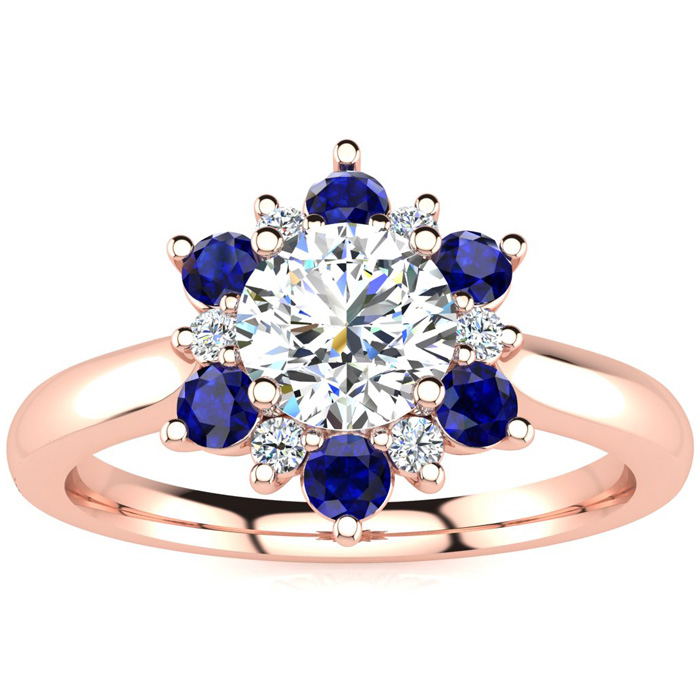 1.5 Carat Round Shape Flower Halo Sapphire & Diamond Engagement Ring in 14K Rose Gold (4 g) (  SI2-I1)  Size 9 by SuperJeweler