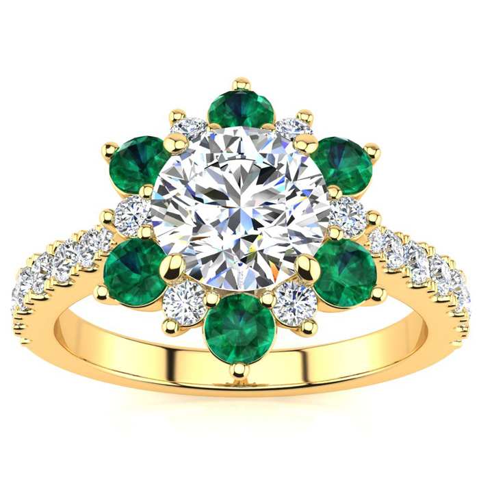 2 Carat Round Shape Flower Halo Emerald Cut & Diamond Engagement Ring in 14K Yellow Gold (4 g) (  SI2-I1)  Size 9 by SuperJeweler