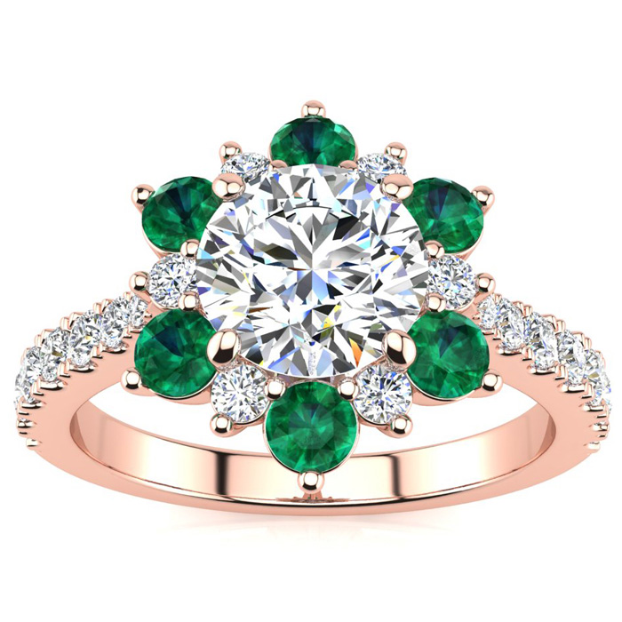 2 Carat Round Shape Flower Halo Emerald Cut & Diamond Engagement 