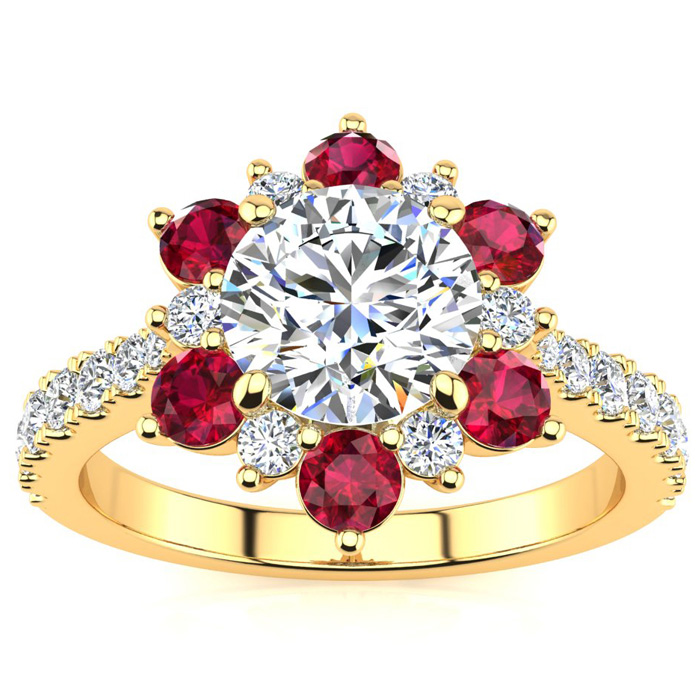 2 Carat Round Shape Flower Halo Ruby & Diamond Engagement Ring in 14K Yellow Gold (4 g) (  SI2-I1)  Size 4.5 by SuperJeweler