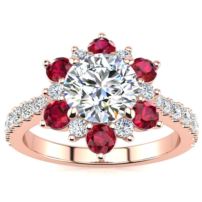 2 Carat Round Shape Flower Halo Ruby & Diamond Engagement Ring in 14K Rose Gold (4 g) (  SI2-I1)  Size 5 by SuperJeweler