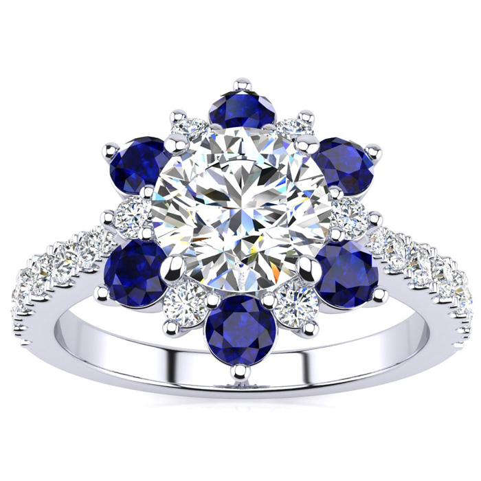 2 Carat Round Shape Flower Halo Sapphire & Diamond Engagement Ring in 14K White Gold (4 g) (  SI2-I1)  Size 7 by SuperJeweler