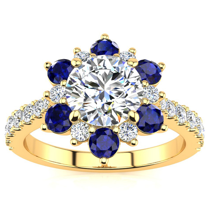 2 Carat Round Shape Flower Halo Sapphire & Diamond Engagement Ring in 14K Yellow Gold (4 g) (  I1-I2 Clarity Enhanced)  Size 4.5 by SuperJeweler