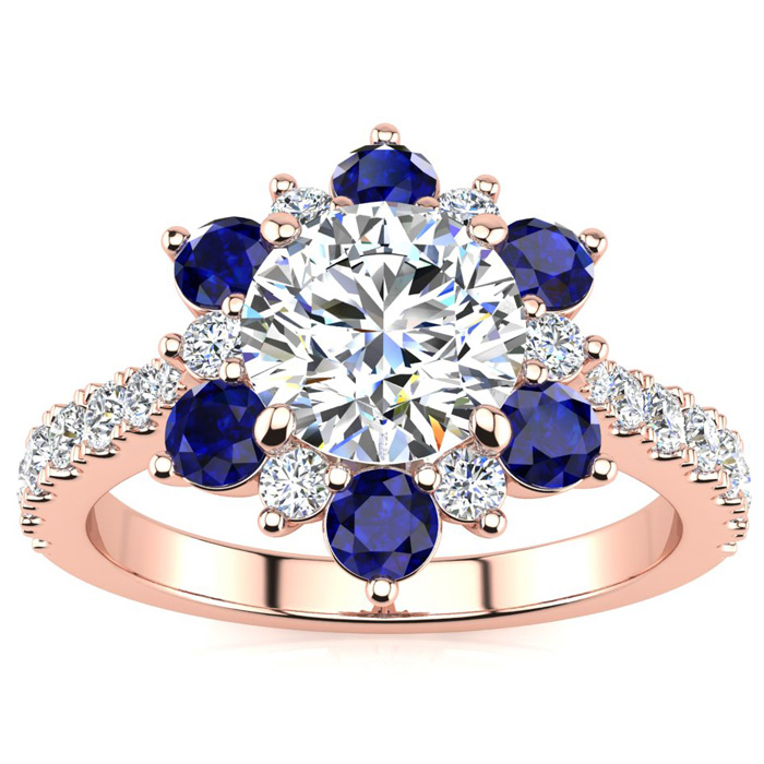 2 Carat Round Shape Flower Halo Sapphire & Diamond Engagement Rin