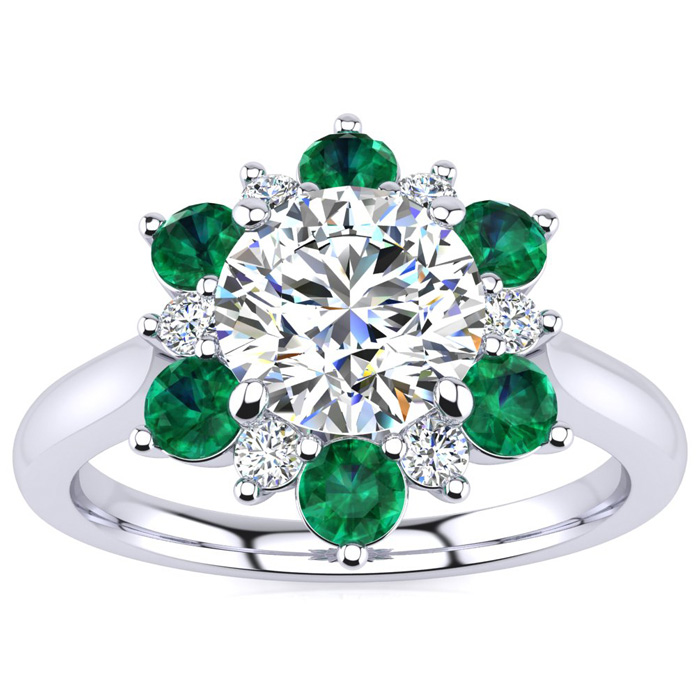 3/4 Carat Round Shape Flower Halo Emerald Cut & Diamond Engagement Ring in 14K White Gold (3.60 g) (, SI2-I1), Size 4 by SuperJeweler