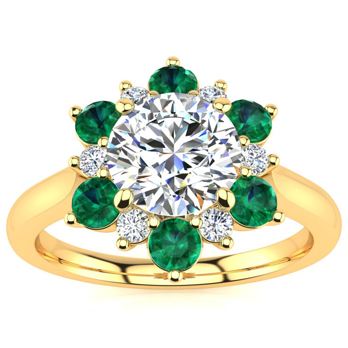 3/4 Carat Round Shape Flower Halo Emerald Cut & Diamond Engagement Ring in 14K Yellow Gold (3.60 g) (, SI2-I1), Size 4 by SuperJeweler