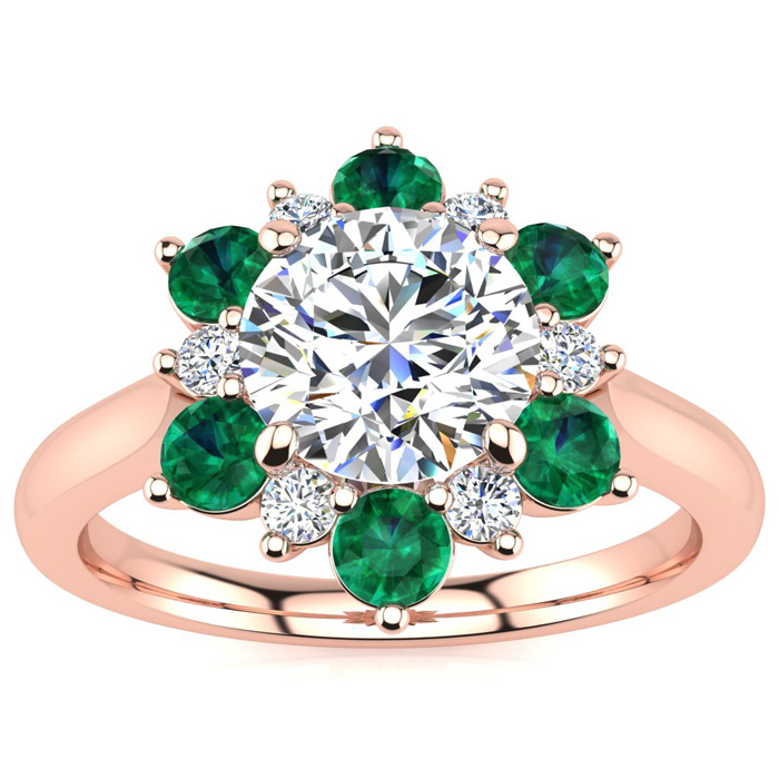 3/4 Carat Round Shape Flower Halo Emerald Cut & Diamond Engagement Ring in 14K Rose Gold (3.60 g) (, I1-I2 Clarity Enhanced), Size 4 by SuperJeweler