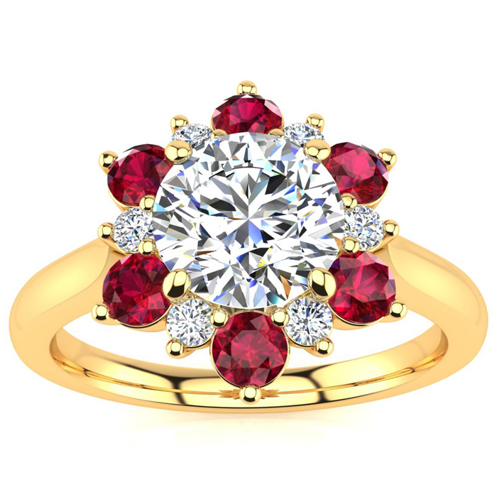 3/4 Carat Round Shape Flower Halo Ruby & Diamond Engagement Ring in 14K Yellow Gold (3.60 g) (, SI2-I1), Size 4 by SuperJeweler