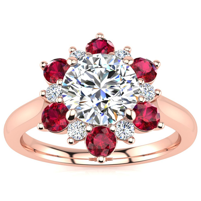 3/4 Carat Round Shape Flower Halo Ruby & Diamond Engagement Ring in 14K Rose Gold (3.60 g) (, SI2-I1), Size 4 by SuperJeweler