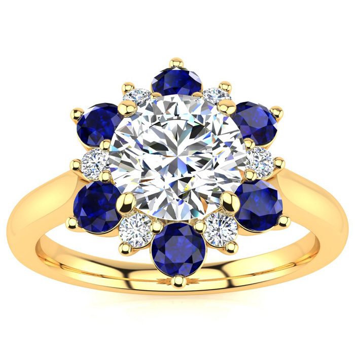 3/4 Carat Round Shape Flower Halo Sapphire & Diamond Engagement Ring in 14K Yellow Gold (3.60 g) (, SI2-I1), Size 4 by SuperJeweler