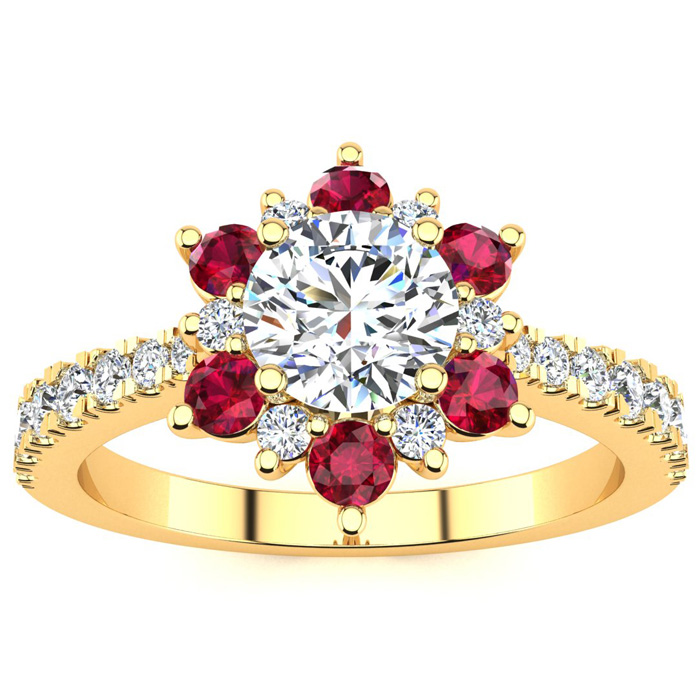 1 Carat Round Shape Flower Halo Ruby & Diamond Engagement Ring in 14K Yellow Gold (3.60 g) (, SI2-I1), Size 4 by SuperJeweler