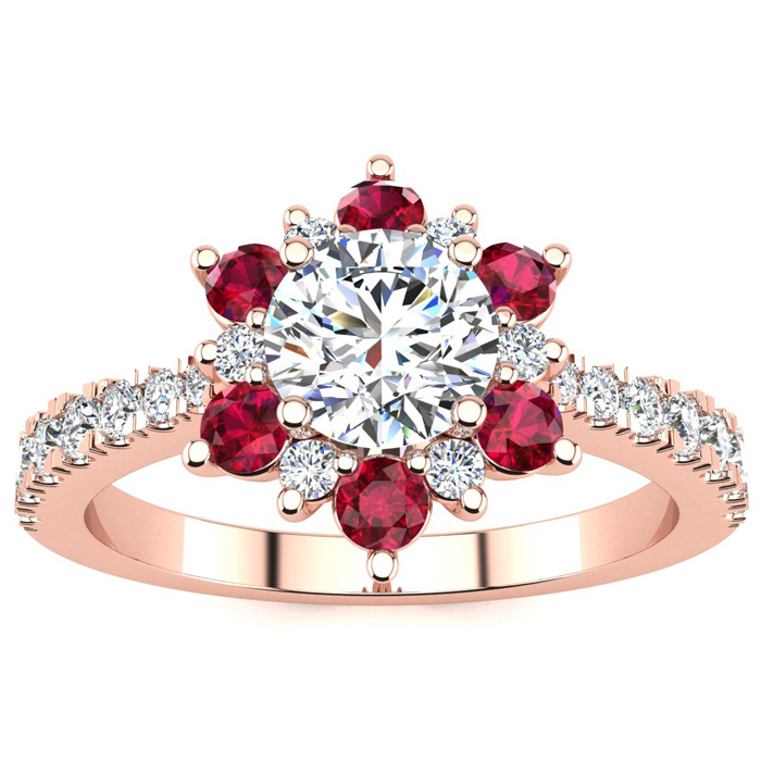 1 Carat Round Shape Flower Halo Ruby & Diamond Engagement Ring in 14K Rose Gold (3.60 g) (, SI2-I1), Size 4 by SuperJeweler