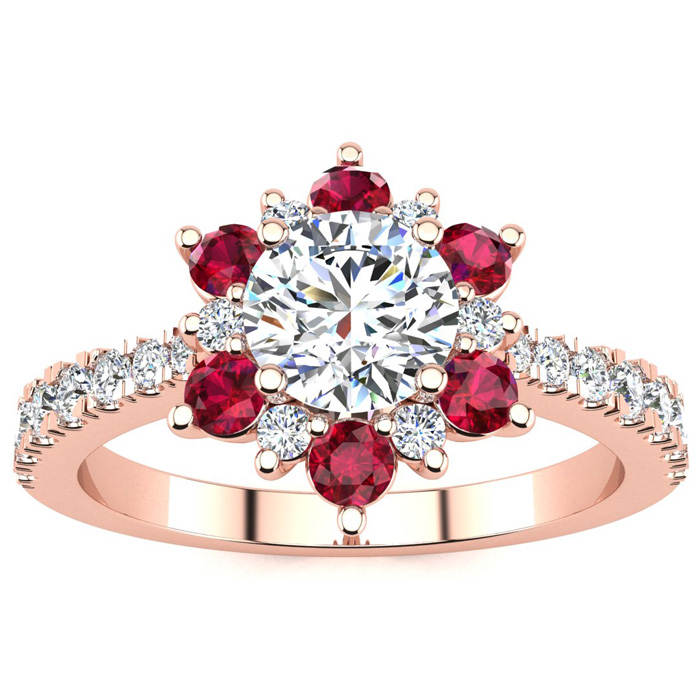 1 Carat Round Shape Flower Halo Ruby & Diamond Engagement Ring In 14K Rose Gold (3.60 G) (I-J, I1-I2 Clarity Enhanced), Size 4 By SuperJeweler
