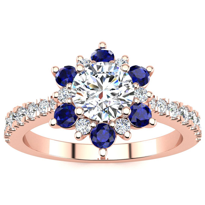 1 Carat Round Shape Flower Halo Sapphire & Diamond Engagement Ring in 14K Rose Gold (3.60 g) (, SI2-I1), Size 4 by SuperJeweler