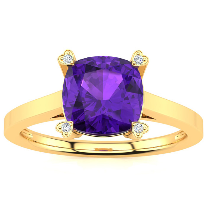 2 Carat Cushion Cut Amethyst & 4 Diamond Ring in Yellow Gold (2.50 g), , Size 4 by SuperJeweler