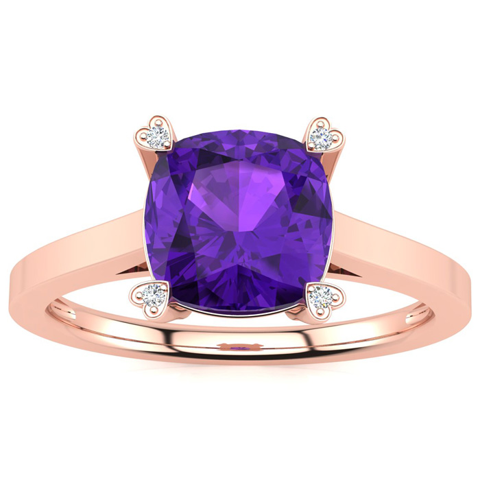 2 Carat Cushion Cut Amethyst & 4 Diamond Ring in Rose Gold (2.50 g), , Size 4 by SuperJeweler