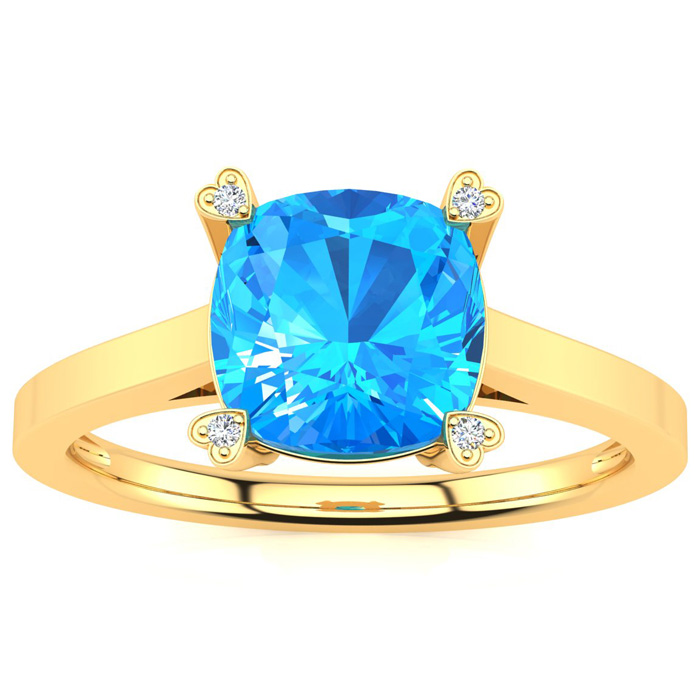 2 Carat Cushion Cut Blue Topaz & 4 Diamond Ring in Yellow Gold (2.50 g), , Size 4 by SuperJeweler