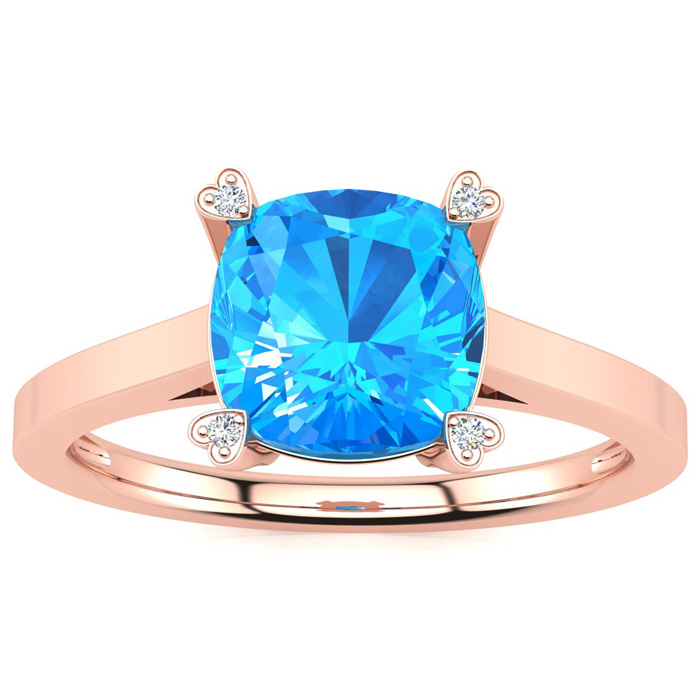 2 Carat Cushion Cut Blue Topaz & 4 Diamond Ring in Rose Gold (2.50 g), , Size 4 by SuperJeweler