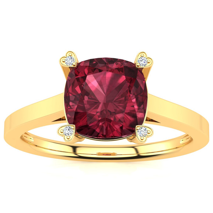 2 Carat Cushion Cut Garnet & 4 Diamond Ring in Yellow Gold (2.50 g), , Size 4 by SuperJeweler