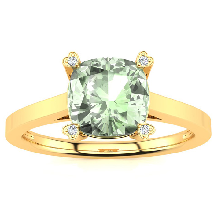 2 Carat Cushion Cut Green Amethyst & 4 Diamond Ring in Yellow Gold (2.50 g), , Size 4 by SuperJeweler