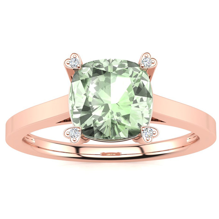 2 Carat Cushion Cut Green Amethyst & 4 Diamond Ring in Rose Gold (2.50 g), , Size 4 by SuperJeweler