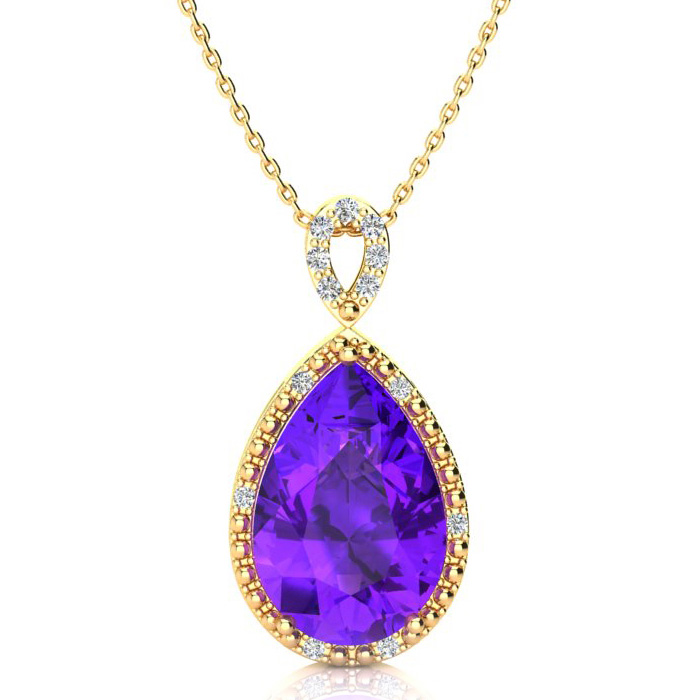 3 1/2 Carat Pear Shaped Amethyst & Diamond Necklace in Yellow Gold (2.40 g), , 18 Inch Chain by SuperJeweler