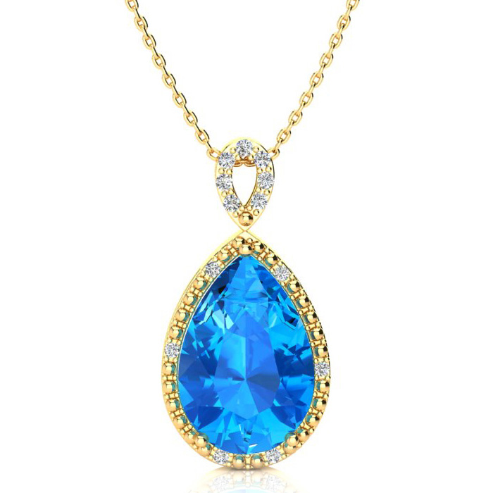 3 1/2 Carat Pear Shaped Blue Topaz & Diamond Necklace in Yellow Gold (2.40 g), , 18 Inch Chain by SuperJeweler