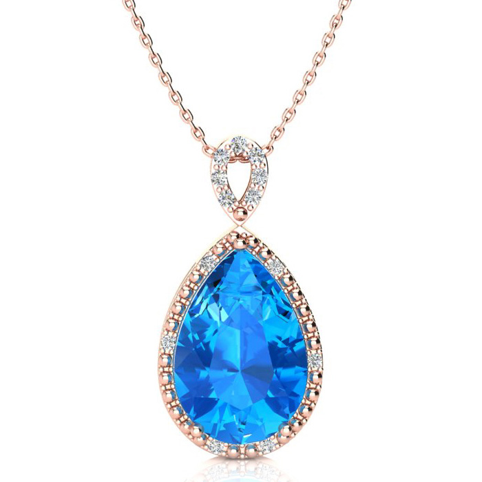 3 1/2 Carat Pear Shaped Blue Topaz & Diamond Necklace in Rose Gold (2.40 g), , 18 Inch Chain by SuperJeweler