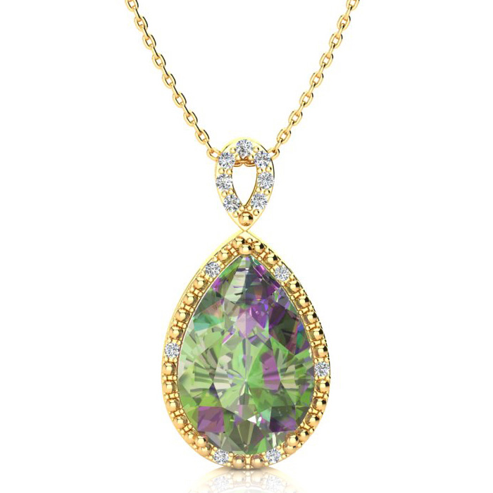 3 1/2 Carat Pear Shaped Mystic Topaz & Diamond Necklace in Yellow Gold (2.4 g), , 18 Inch Chain by SuperJeweler