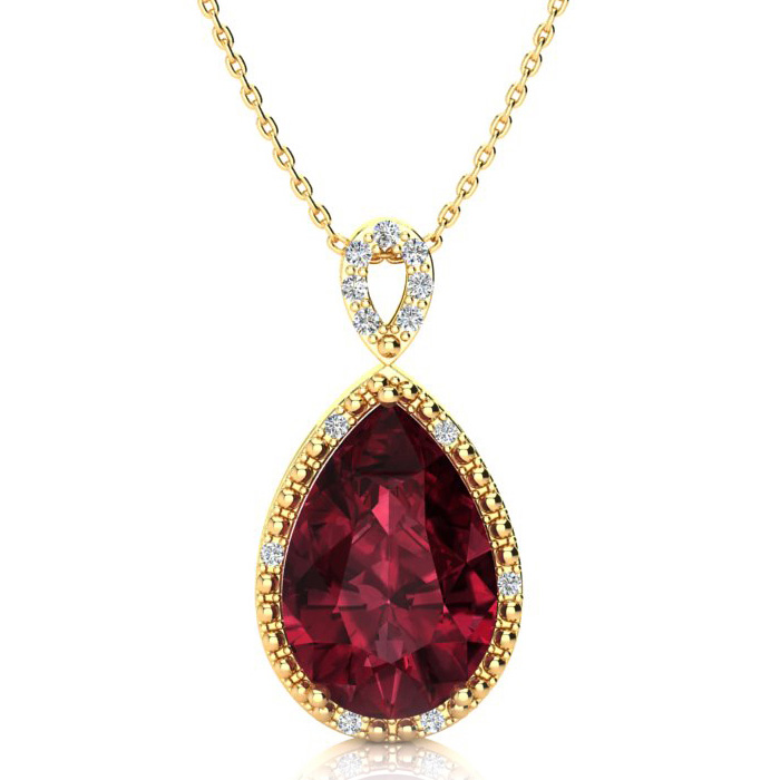 3 1/2 Carat Pear Shaped Garnet & Diamond Necklace in Yellow Gold (2.40 g), , 18 Inch Chain by SuperJeweler