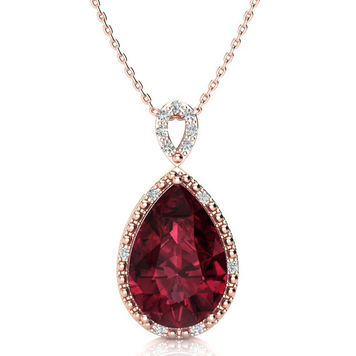 3 1/2 Carat Pear Shaped Garnet & Diamond Necklace in Rose Gold (2.40 g), , 18 Inch Chain by SuperJeweler