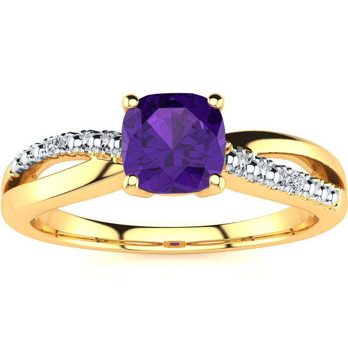 3/4 Carat Cushion Cut Amethyst & 2 Diamond Ring in Yellow Gold (2.50 g), , Size 4 by SuperJeweler