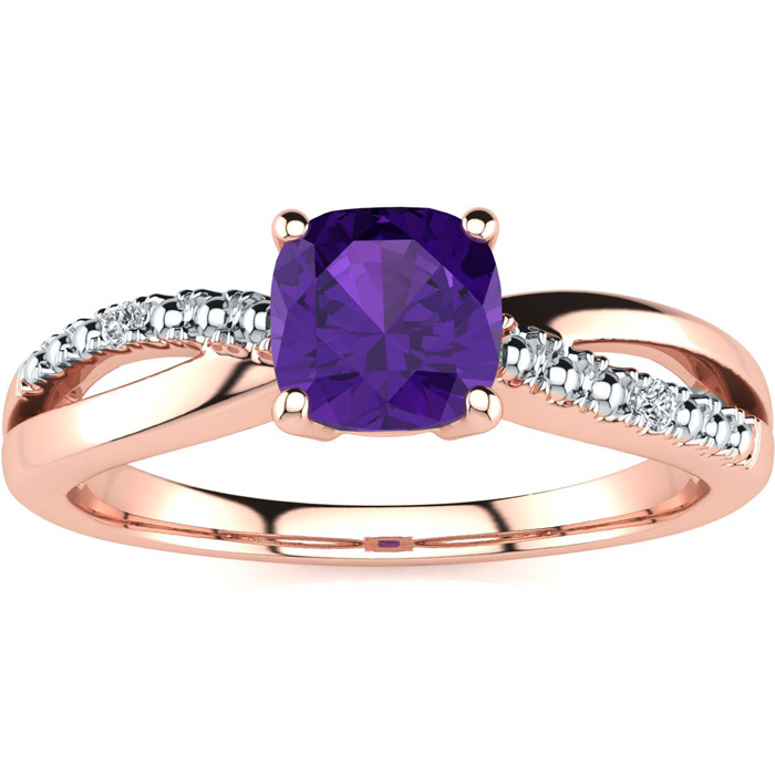 3/4 Carat Cushion Cut Amethyst & 2 Diamond Ring in Rose Gold (2.50 g), , Size 4 by SuperJeweler